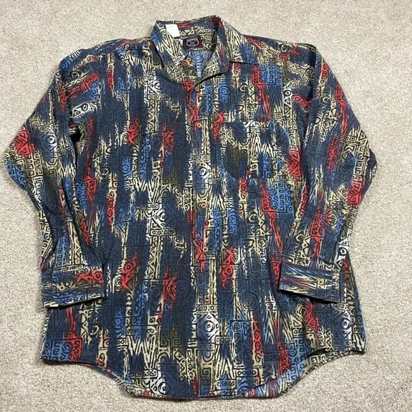 VTG 90s Skeets Shirt Mens L Multicolor Abstract Party Aztec Button Down AOP - Picture 1 of 8